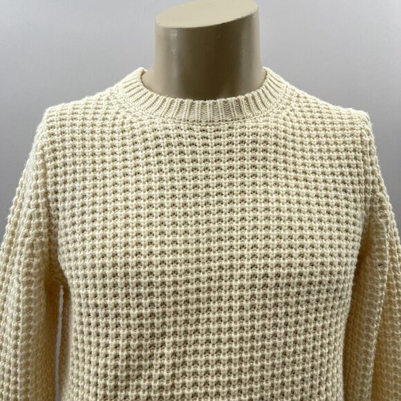 Crewneck Sweater Size M Cashmere Wool Cream White Knit Chunky Macro Waffle - Picture 9 of 10